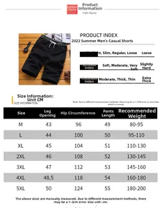Detailed size chart and parameter guide for men's summer casual loose shorts