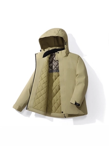 Men's khaki waterproof winter jacket with thermal quilted lining and hood