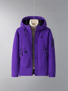 Purple hooded winter jacket with thick windproof fabric and multiple pockets for men and women