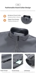 Detailed views of grey men's jacket featuring stand collar and windproof zipper