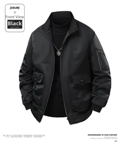 Front view of black bomber jacket with utility pockets and windproof standing collar