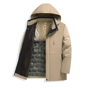 Detail view of khaki hooded parka featuring brown faux fur lining and olive quilted interior