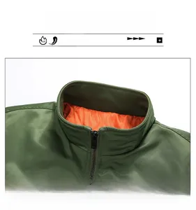 Detail of army green jacket collar with ribbed knit and orange quilted diamond lining