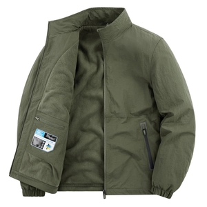 Detail of men's olive green jacket with grey fleece lining and inner zipper pocket
