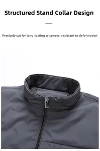 Close-up of men's stand-up collar with metallic zipper and smart cutting details