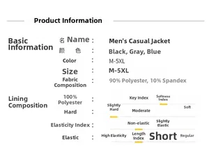 Detailed chart showing men's business jacket sizes, colors, and 90% polyester fabric info