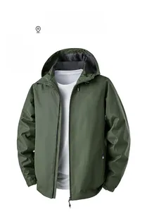 Detail of army green windproof hooded jacket featuring adjustable drawstrings and zip closure