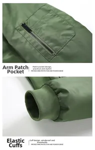 Detail of army green jacket with zippered arm pocket and elastic ribbed cuffs