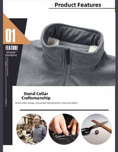 Close-up of grey corduroy jacket stand collar with warm white sherpa fleece lining