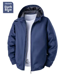 Detail of waterproof deep blue outdoor jacket with windproof hood and full zipper
