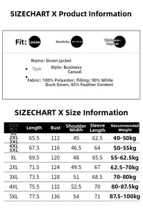 Detailed size chart with measurements and weight guide for men's white duck down jacket