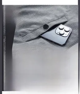 Detail view of corduroy jacket side pocket with phone storage and thick lining