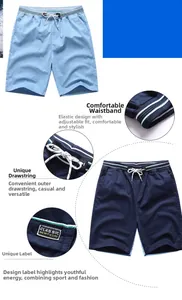 Detail of elastic drawstring waistband and woven brand patch on blue casual shorts
