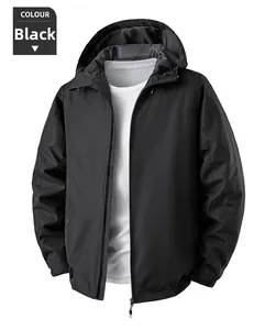Detail of men's black windbreaker featuring full zipper closure and adjustable velcro cuffs