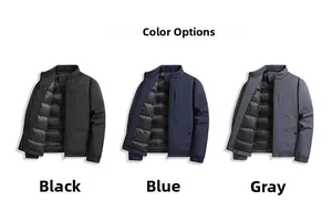 Detailed color display of stand-collar down jackets in black, blue, and grey for men