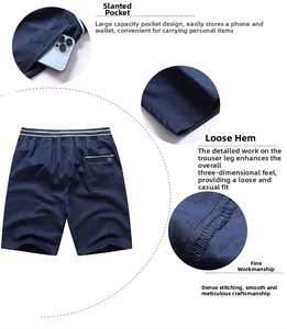 Detail view of navy casual shorts featuring large side pockets and precise stitching