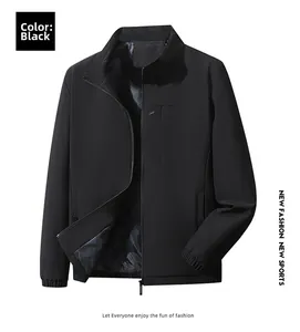 Detail of men's black casual jacket showing plaid lining and decorative chest stitching