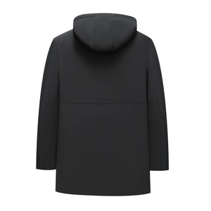 Back view of a black hooded winter parka jacket for men with windproof fabric