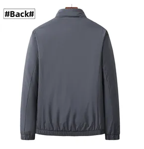 Rear view of grey men's stand-collar down jacket with ribbed cuffs and hem