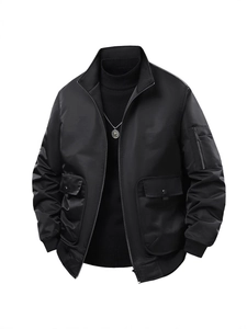 Men's black stand collar bomber jacket with tactical utility pockets and ribbed cuffs