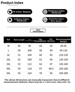 Detailed size chart for men's casual shorts with measurements from M to 5XL and fit info