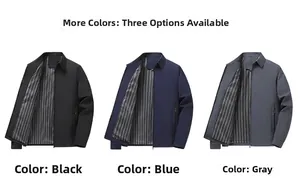 Detailed view of the windproof lining and side zipper pockets on a men's business jacket