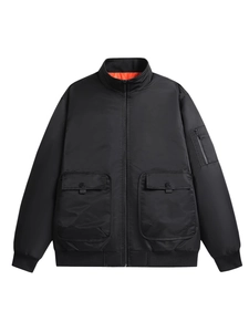Men's black bomber jacket with stand collar and contrasting orange lining on white background