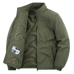 Men's outdoor stand collar jacket in army green with warm gray fleece lining for winter