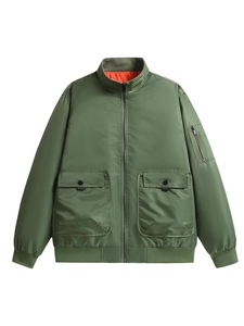 Men's army green windproof bomber jacket with stand collar and orange quilted lining