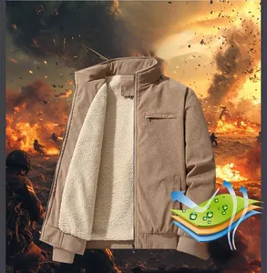 Detail view of khaki corduroy jacket with thick white fleece lining and stand-up collar