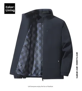 Detail of a dark blue men's jacket showing the classic blue and black plaid lining fabric