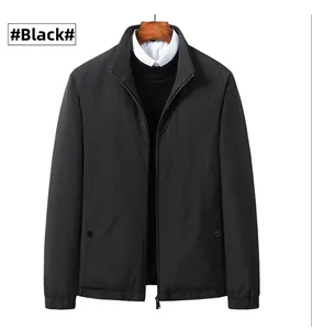 Detail view of the black stand collar jacket with zipper closure and side pockets