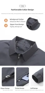 Detail of dark gray executive jacket showing windproof fabric and metal zipper closure