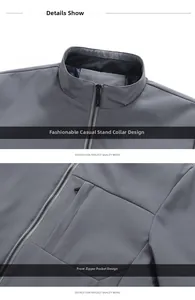 Detail of the stand-up collar and chest zipper pocket on this grey casual jacket