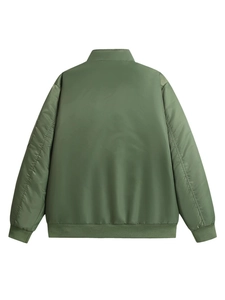 Army green men's bomber jacket with stand collar and ribbed hem shown from back view