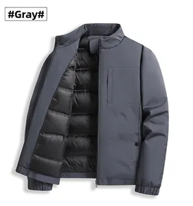 Detail of grey men's puffer jacket with black quilted lining and elastic cuffs