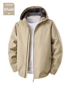 Detail of khaki windproof hooded jacket featuring zipper closure and velcro cuffs