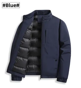 Detail of men's blue down jacket featuring windproof stand collar and quilted lining