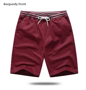 Front view of wine red men's casual shorts featuring a striped elastic waistband and drawstrings