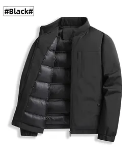 Close-up of black down jacket featuring a stand collar and hidden chest zipper pocket