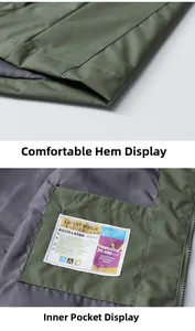 Detail of army green jacket hem stitching and internal pocket with 20000mm waterproof label