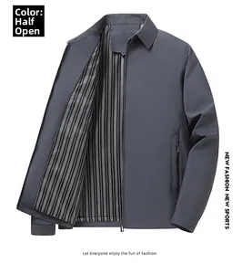 Detail of grey business jacket with striped lining, zip pockets and turn-down collar