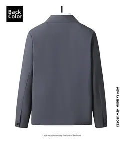 Rear view detail of dark grey business casual jacket featuring stand collar and smooth texture