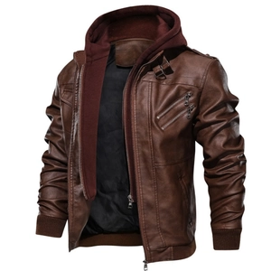 Men Hooded PU Leather Jacket Casual Biker Motorcycle Coat With Detachable Hood Mock Layered Outwear For Men Winter Spring