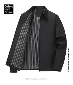 Detail of men's black business jacket featuring a lapel collar and striped lining