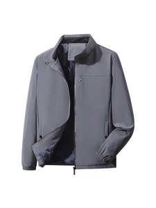 Men's dark grey business casual jacket with stand collar and functional zip pockets