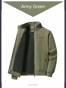 Detailed view of army green corduroy jacket with fleece lining and zip chest pocket