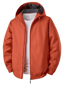 Men's bright orange windproof hooded casual jacket with zip front and active fit style
