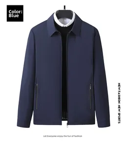 Detail of navy blue business jacket with lapel collar and functional side zipper pockets