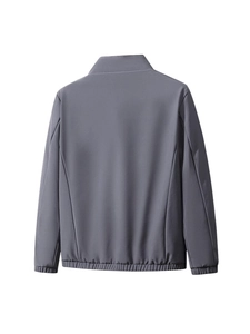 Men's greyish blue business casual jacket featuring a back view with ribbed cuffs
